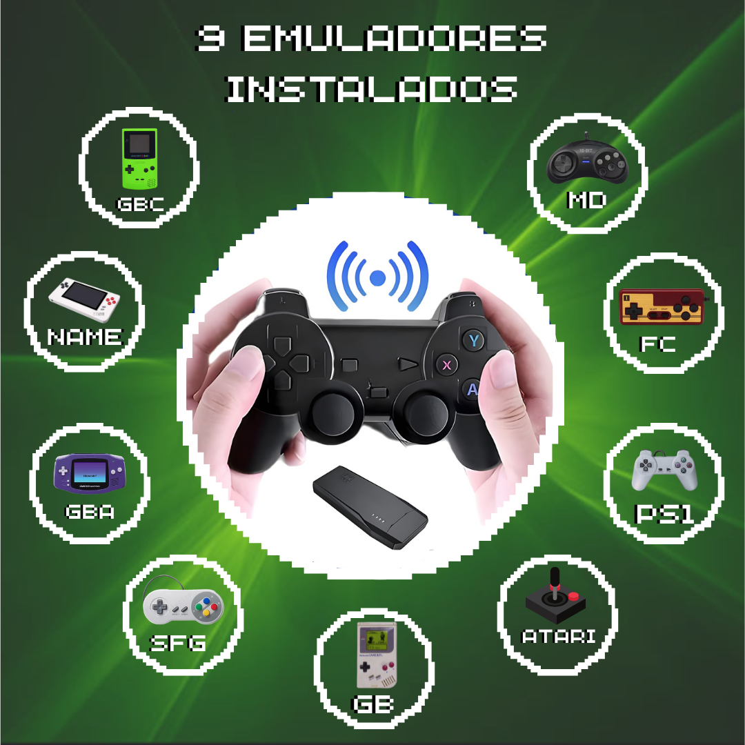 🎮 9 emuladores instalados con cientos de juegos listos para jugar.
Conecta la consola y disfruta sin descargas, sin configuraciones y sin internet.